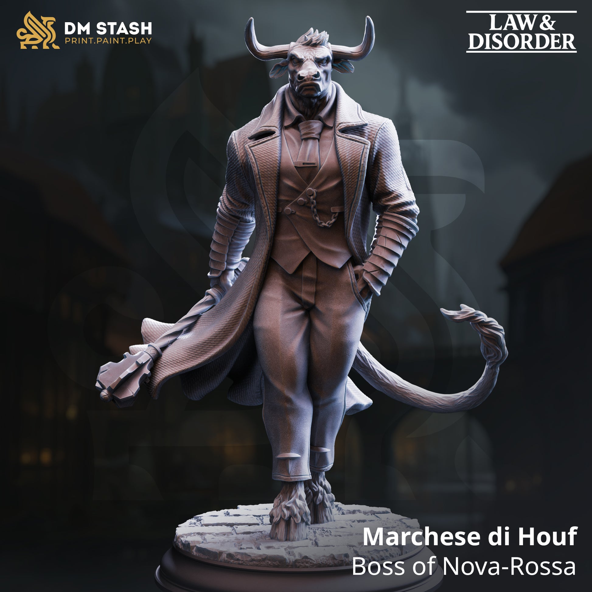 Image shows a 3D render of a minotaur crime lord gaming miniature.