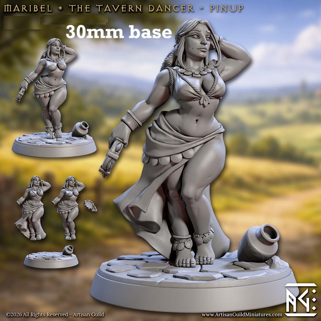 Image shows 3D renders of two sculpt options for a human dancer gaming miniature.