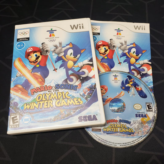 Image shows the case, manual & disc for the video game Mario & Sonic at the Olympic Winter Games for Nintendo Wii