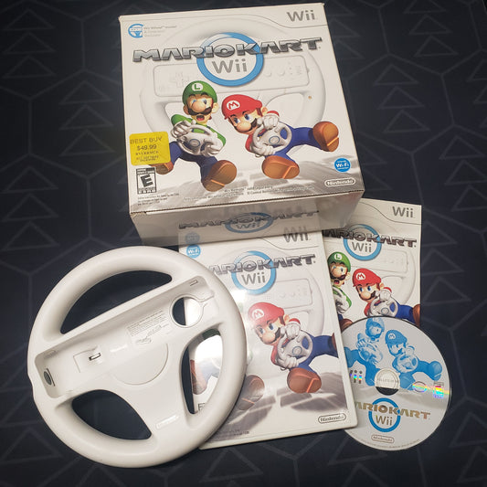 Image shows the case, manual, outer box, wheel accessory and disc for the Wheel Bundle for the video game Mario Kart  for Nintendo Wii