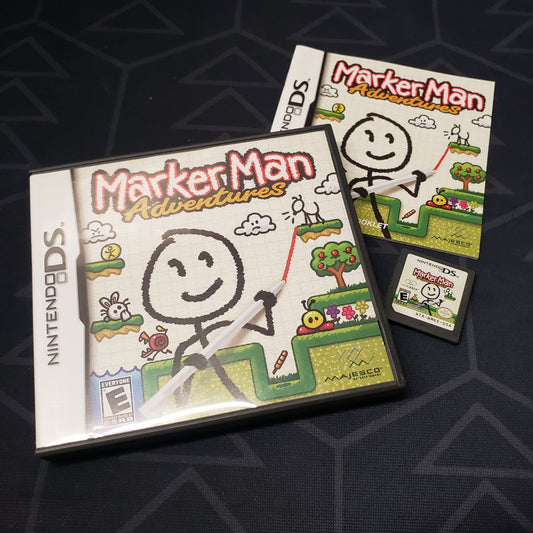 Image shows the case, manual and cartridge for the video game Marker Man Adventures for Nintendo DS