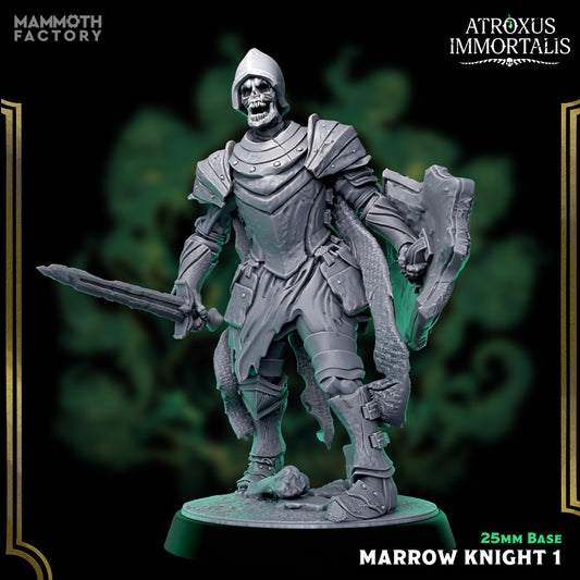 Image shows a 3D render of a skeleton swordsman gaming miniature.