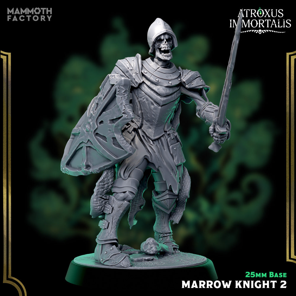 Image shows a 3D render of a skeleton swordsman gaming miniature.