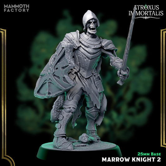 Image shows a 3D render of a skeleton swordsman gaming miniature.