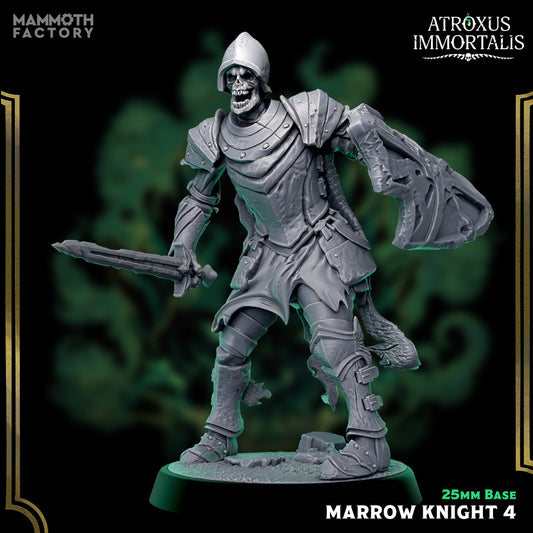 Image shows a 3D render of a skeleton swordsman gaming miniature.
