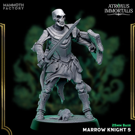 Image shows a 3D render of a skeleton swordsman gaming miniature.