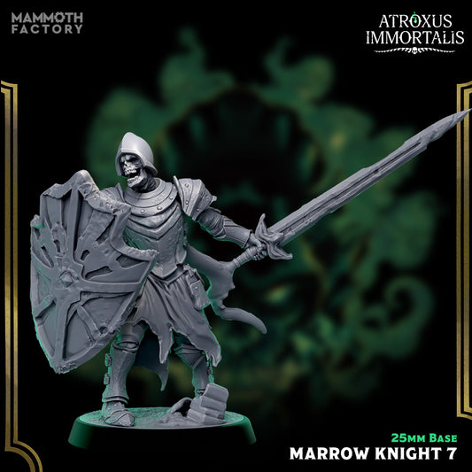 Image shows a 3D render of a skeleton swordsman gaming miniature.