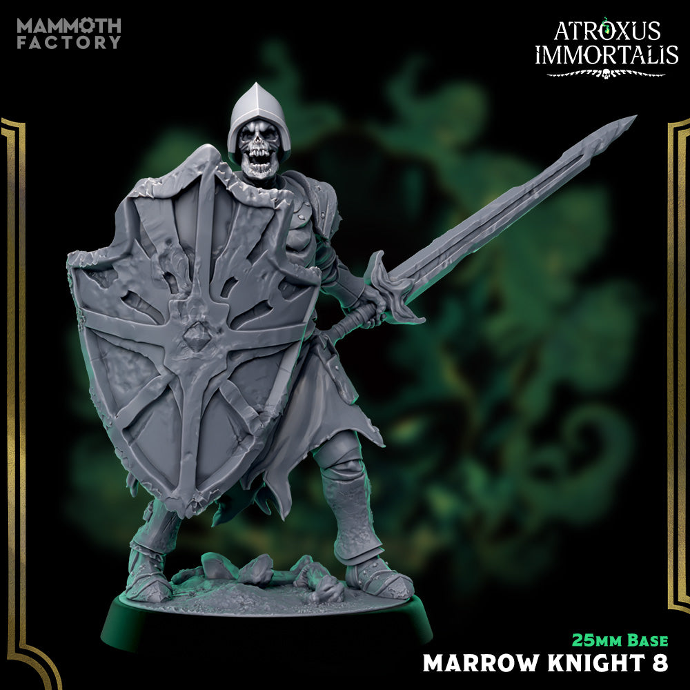 Image shows a 3D render of a skeleton swordsman gaming miniature.