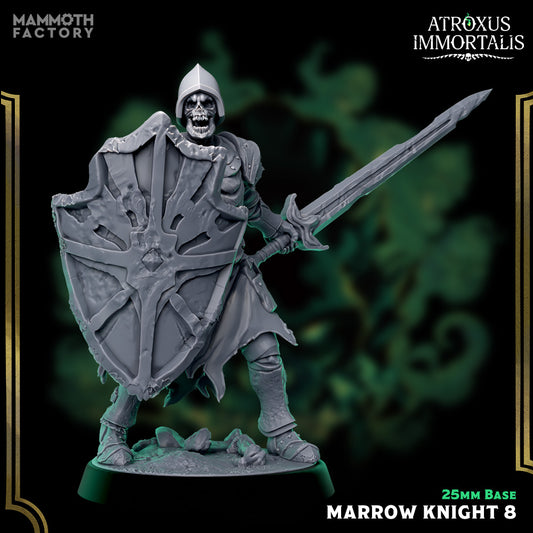 Image shows a 3D render of a skeleton swordsman gaming miniature.