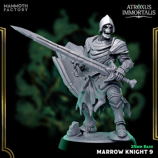 Image shows a 3D render of a skeleton swordsman gaming miniature.
