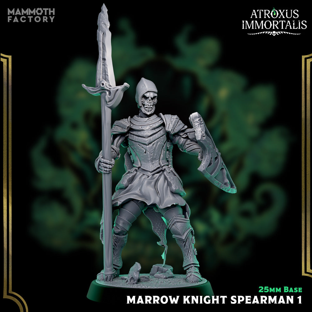 Image shows a 3D render of a skeleton warrior gaming miniature holding a spear