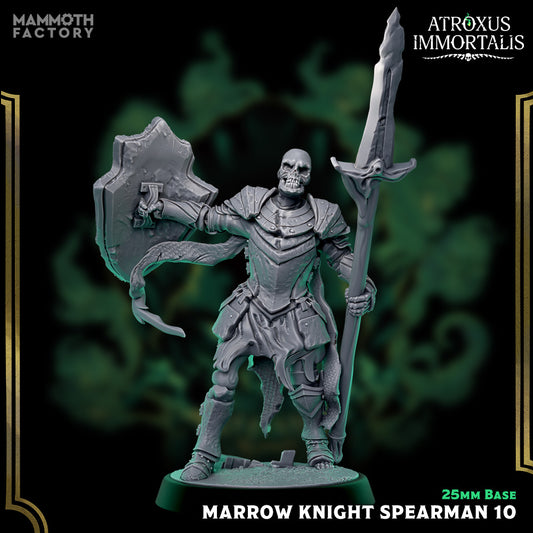 Image shows a 3D render of a skeleton warrior gaming miniature holding a spear and shield