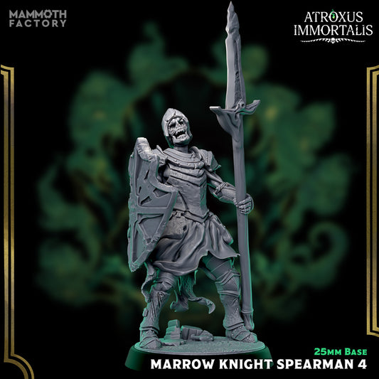 Image shows a 3D render of a skeleton warrior gaming miniature holding a spear