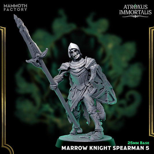 Image shows a 3D render of a skeleton warrior gaming miniature holding a spear