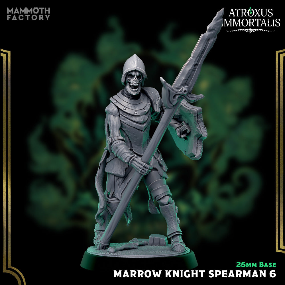 Image shows a 3D render of a skeleton warrior gaming miniature holding a spear