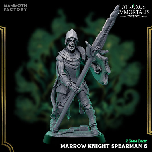 Image shows a 3D render of a skeleton warrior gaming miniature holding a spear