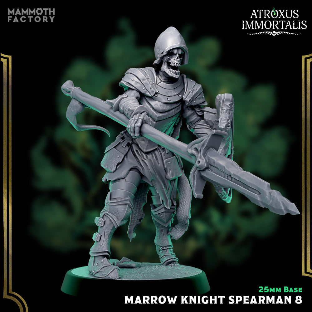 Image shows a 3D render of a skeleton warrior gaming miniature holding a spear