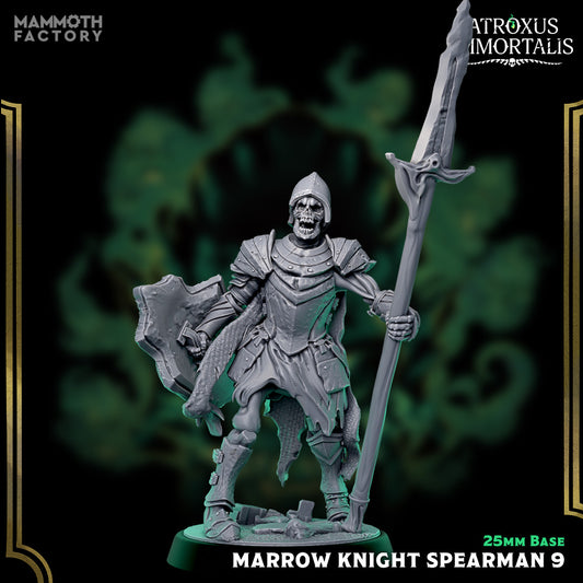 Image shows a 3D render of a skeleton warrior gaming miniature holding a spear