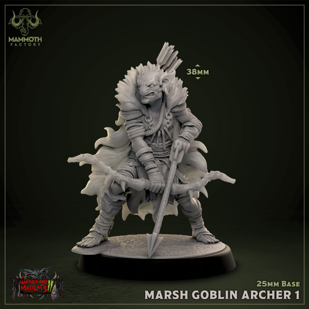 Image shows a 3D render of a goblin archer gaming miniature