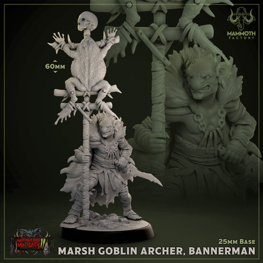 Image shows a 3D render of a goblin bannerman gaming miniature