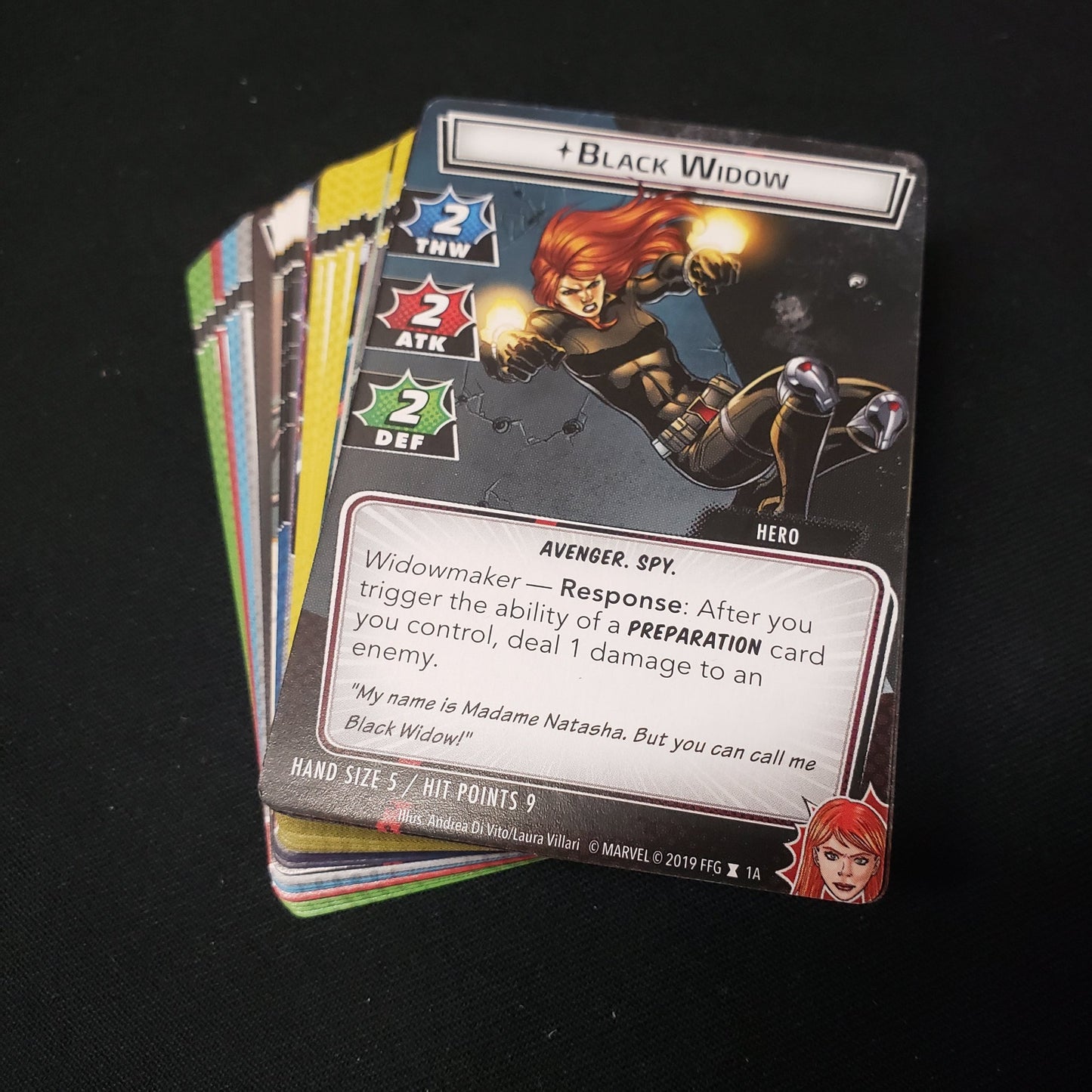 Image shows the cards fanned-out in a stack for the Black Widow Hero Pack from the Marvel Champions card game