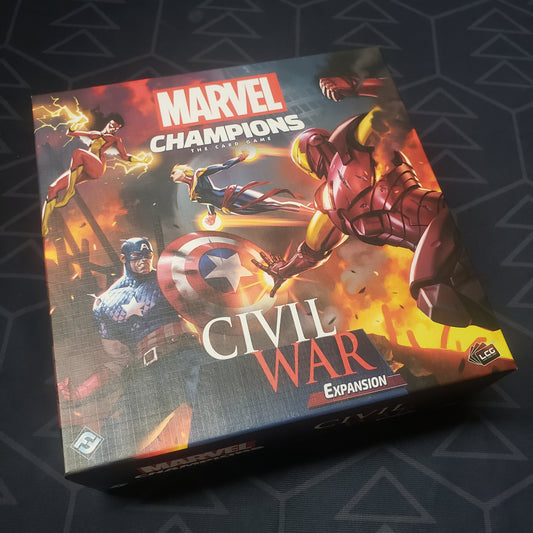 Image shows the front of the box of the Civil War expansion for the card game Marvel Champions