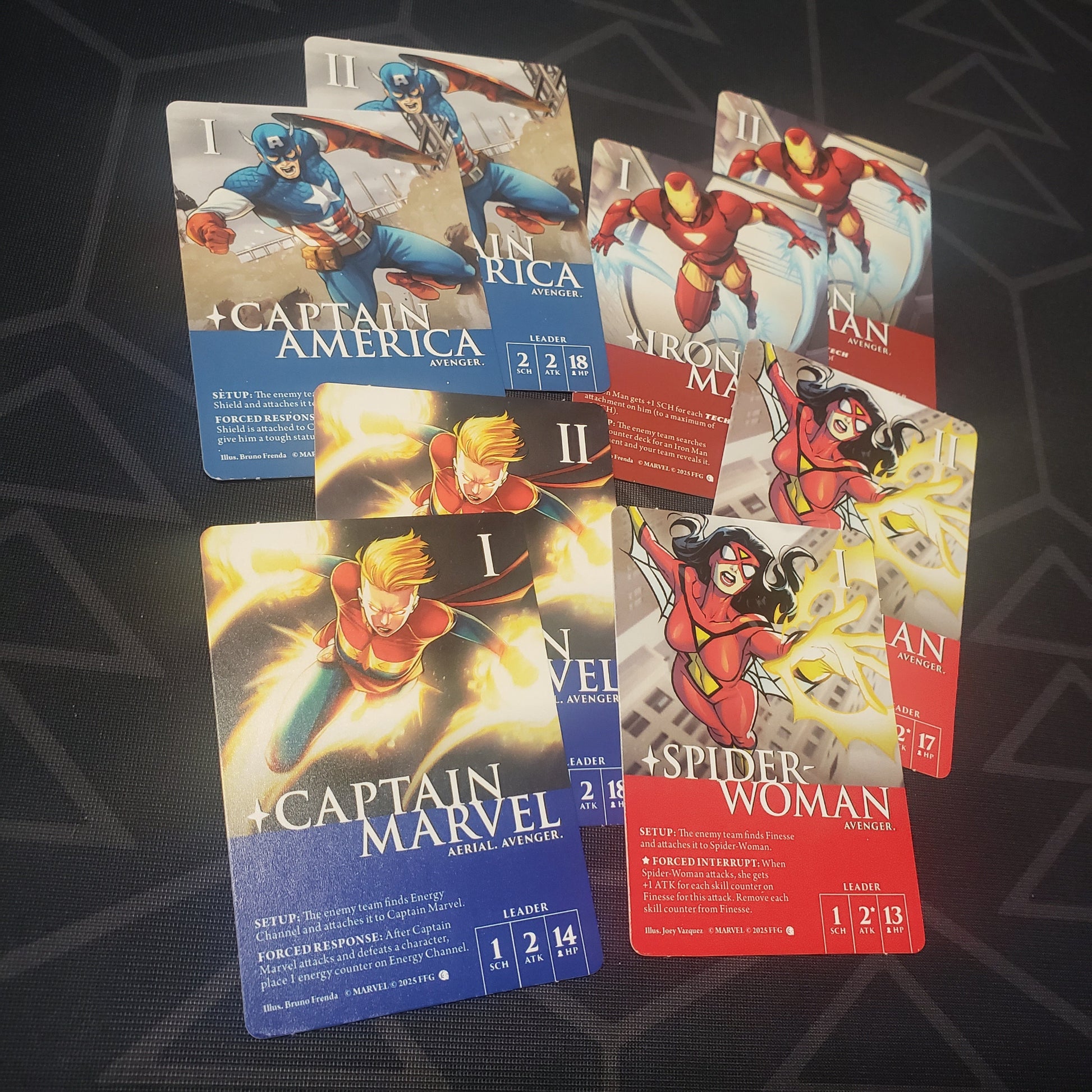 Image shows the fanned-out cards from the Civil War Gen Con 2025 Promo Cards pack for the card game Marvel Champions