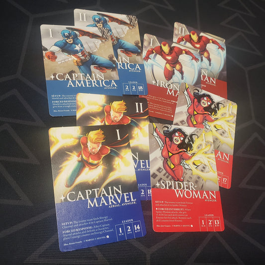 Image shows the fanned-out cards from the Civil War Gen Con 2025 Promo Cards pack for the card game Marvel Champions