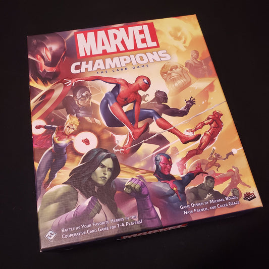 Image shows the front cover of the box of Marvel Champions: The Card Game