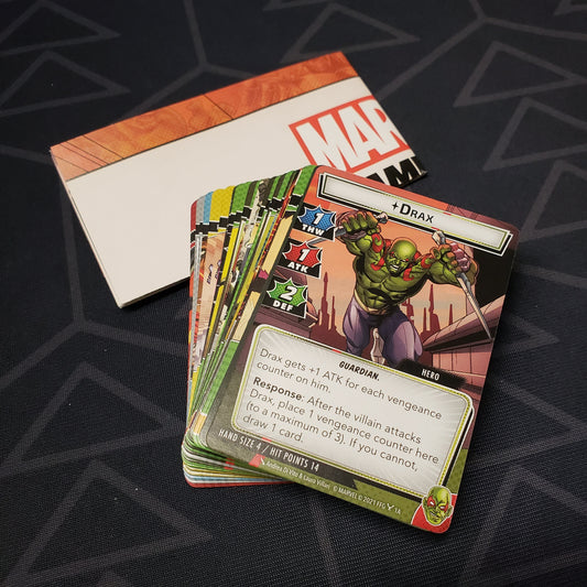 Image shows the cards & instruction sheet for the Drax Hero Pack for the Marvel Champions card game