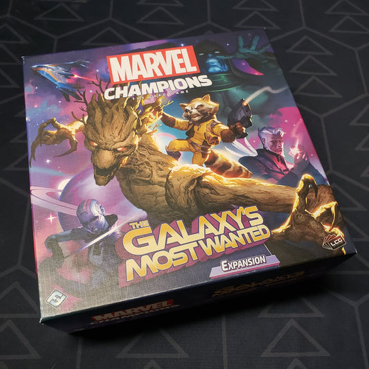 Image shows the front of the box of the Galaxy's Most Wanted pack for the card game Marvel Champions
