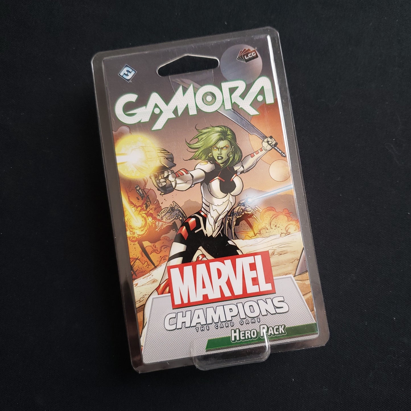 Image shows the front of the package for the Gamora Hero Pack for the Marvel Champions card game