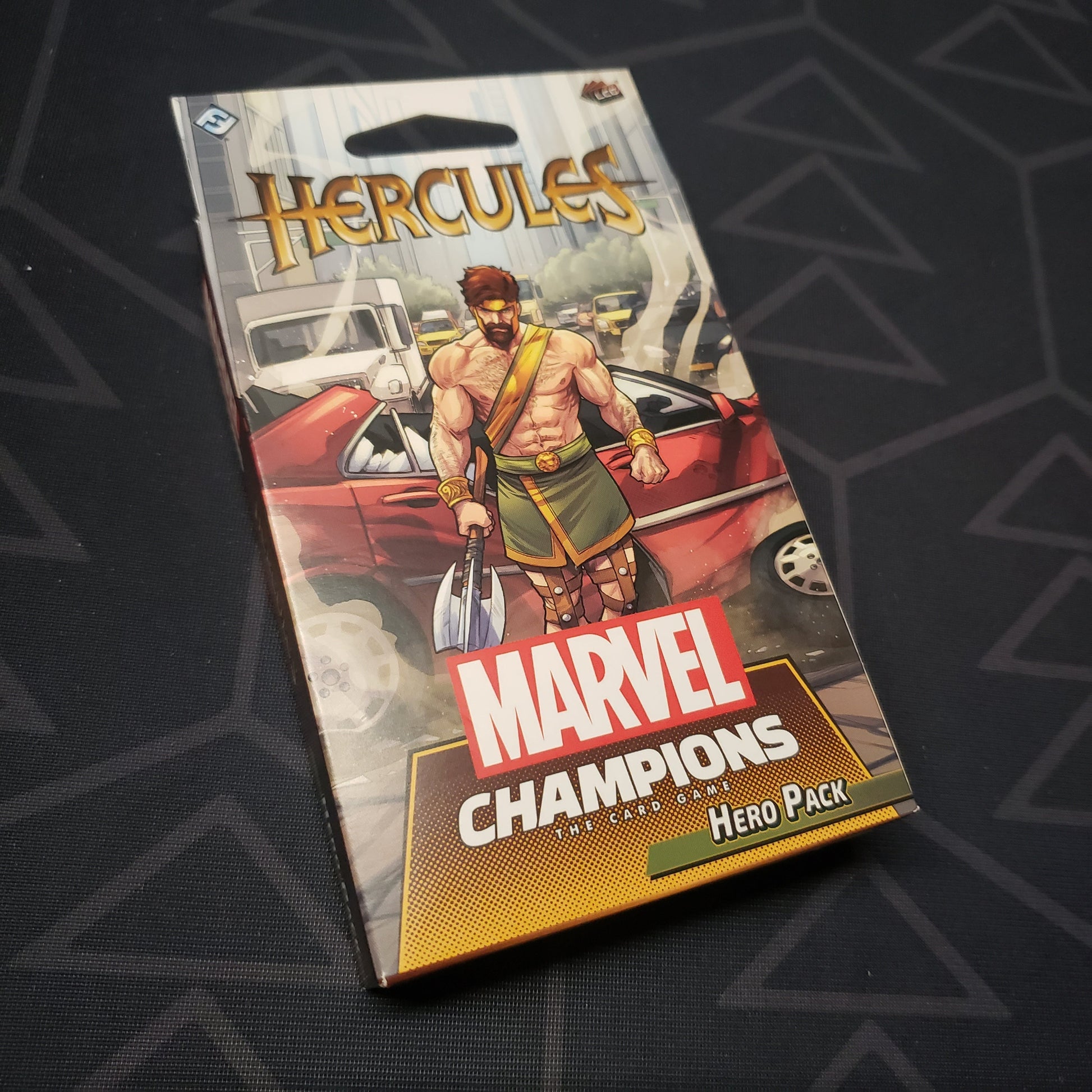 Image shows the front of the package of the Hercules Hero pack for the card game Marvel Champions