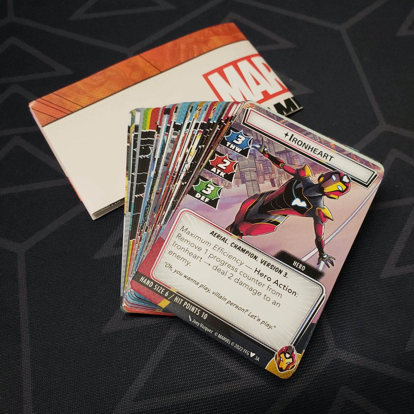 Image shows the cards and instructions for the Ironheart Hero Pack from the Marvel Champions card game