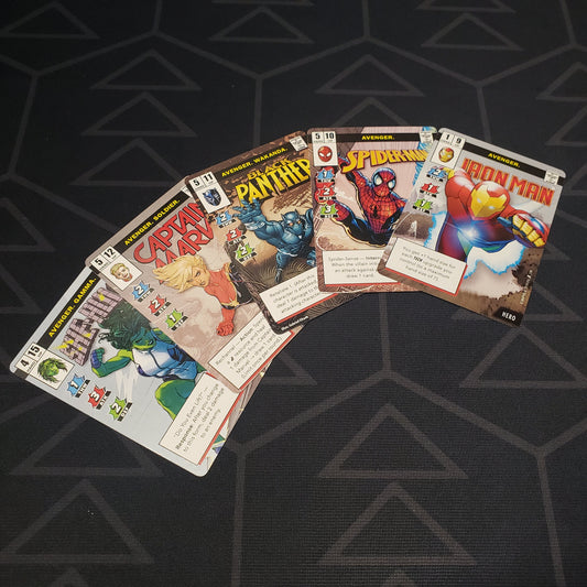 Image shows the five fanned out cards from the Launch Kit Alternate Art Promos pack for the card game Marvel Champions