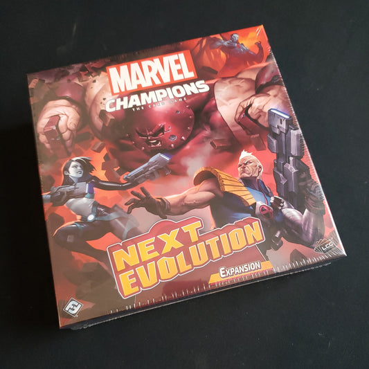 Image shows the front of the box for the NeXt Evolution expansion for the Marvel Champions card game