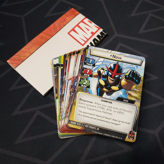 Image shows the cards & instruction sheet for the Nova Hero Pack for the Marvel Champions card game