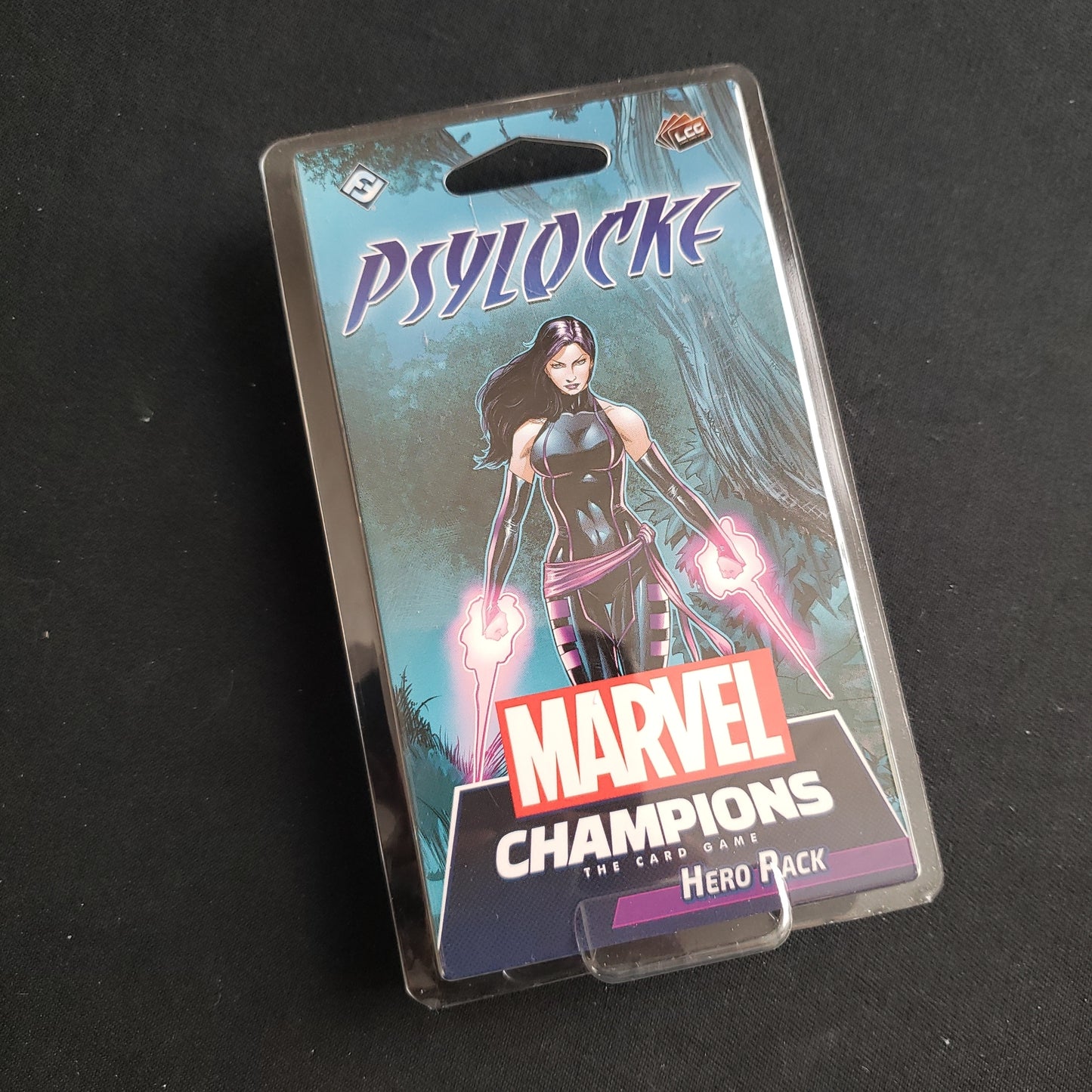 Image shows the front of the package for the Psylocke Hero Pack for the Marvel Champions card game