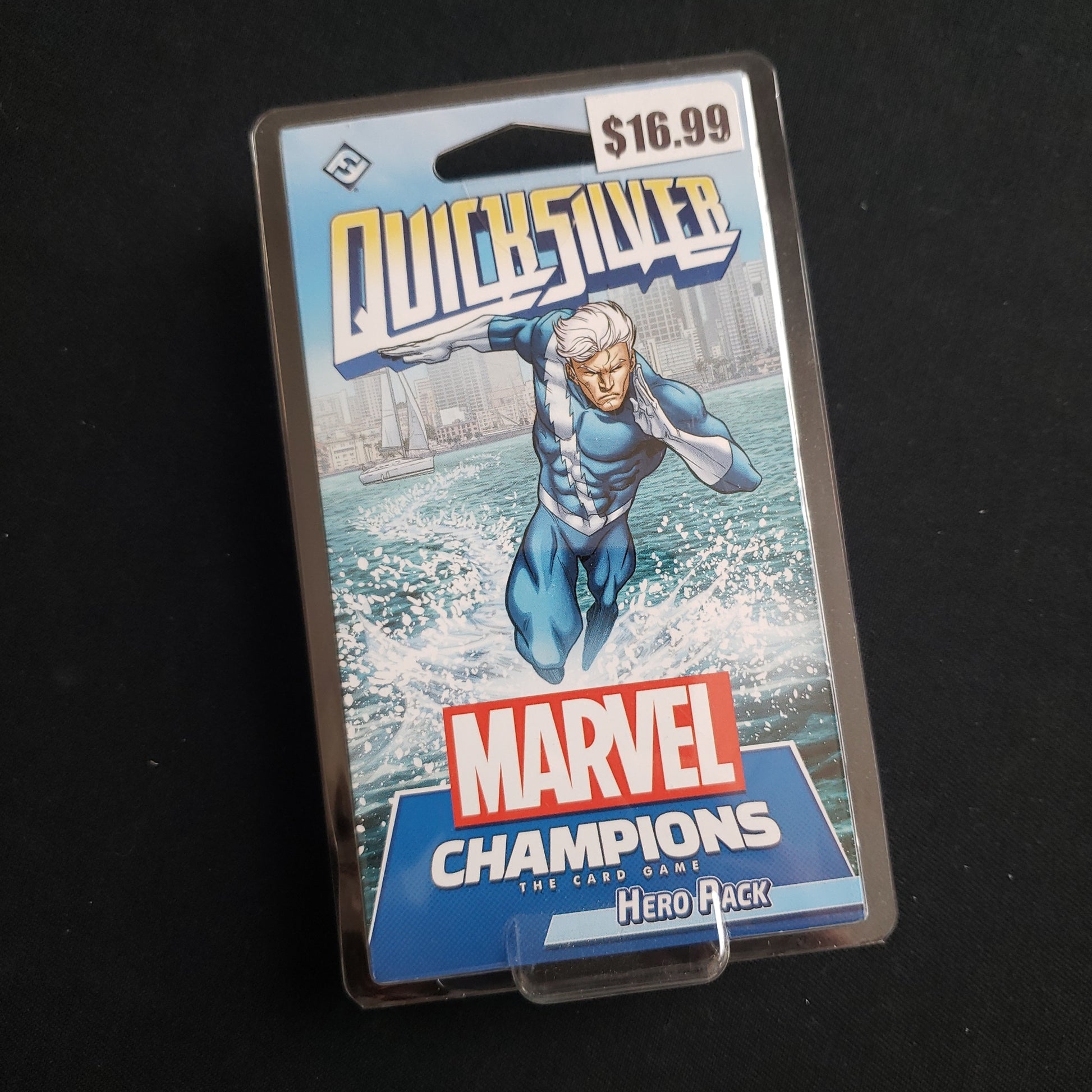 Image shows the front of the package for the Quicksilver Hero Pack for the Marvel Champions card game