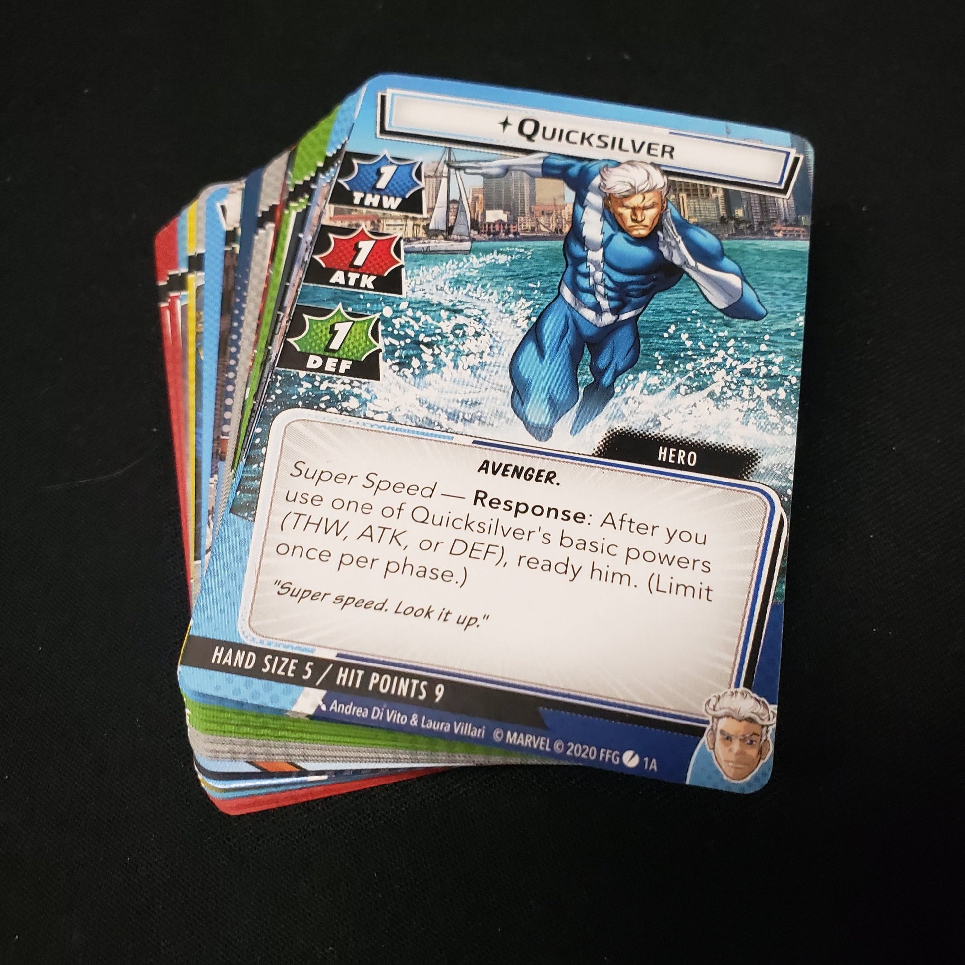 Image shows the cards fanned-out in a stack for the Quicksilver Hero Pack from the Marvel Champions card game