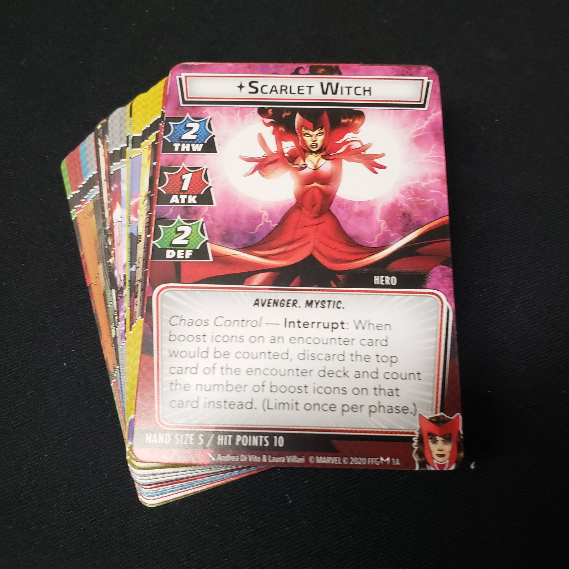 Image shows the cards fanned-out in a stack for the Scarlet Witch Hero Pack from the Marvel Champions card game