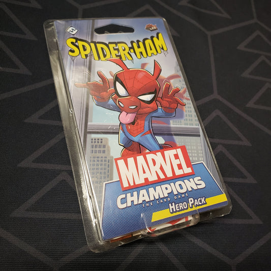 Image shows the front of the package for the Spider-Ham Hero Pack for the Marvel Champions card game