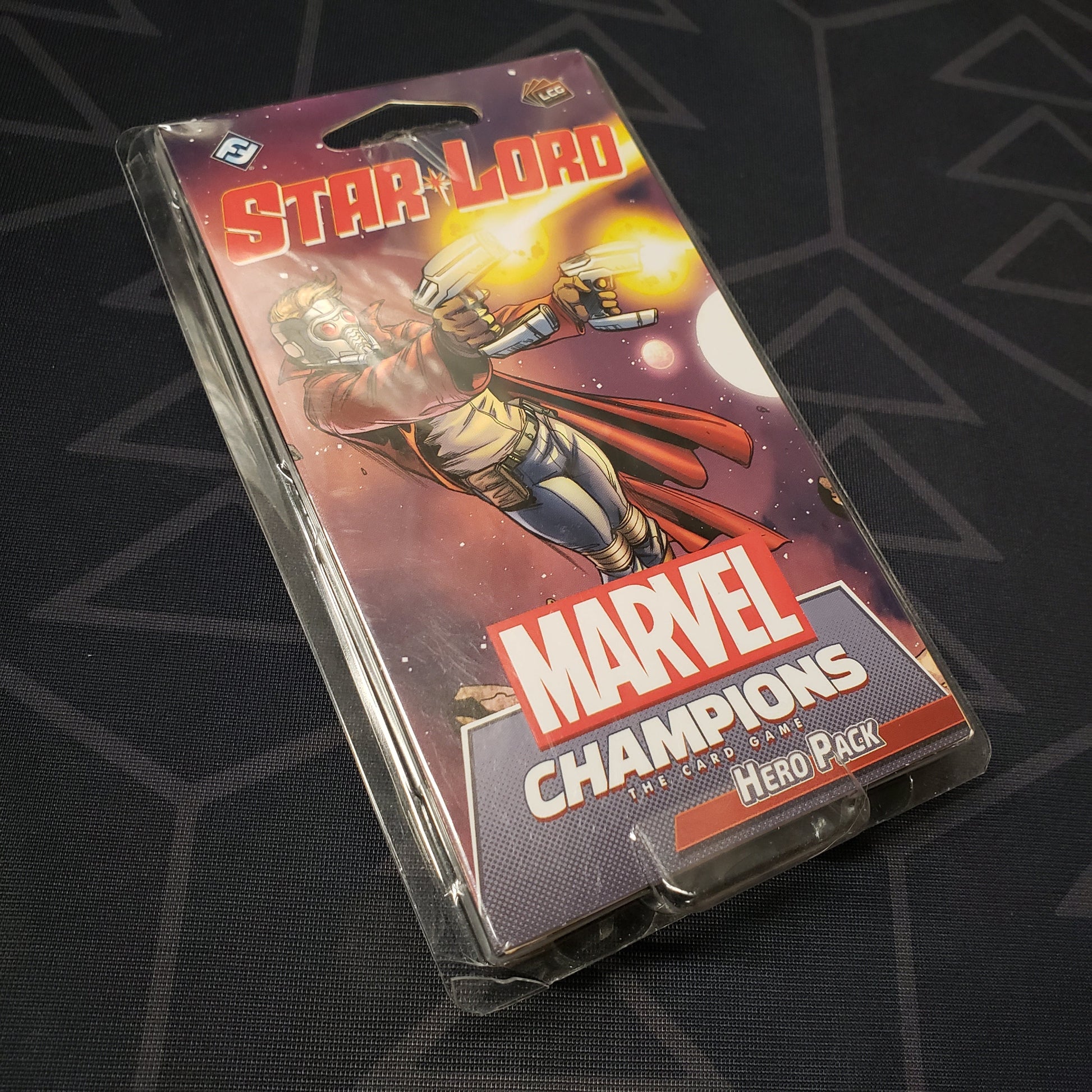 Image shows the front of the package for the Star-Lord Hero Pack for the Marvel Champions card game