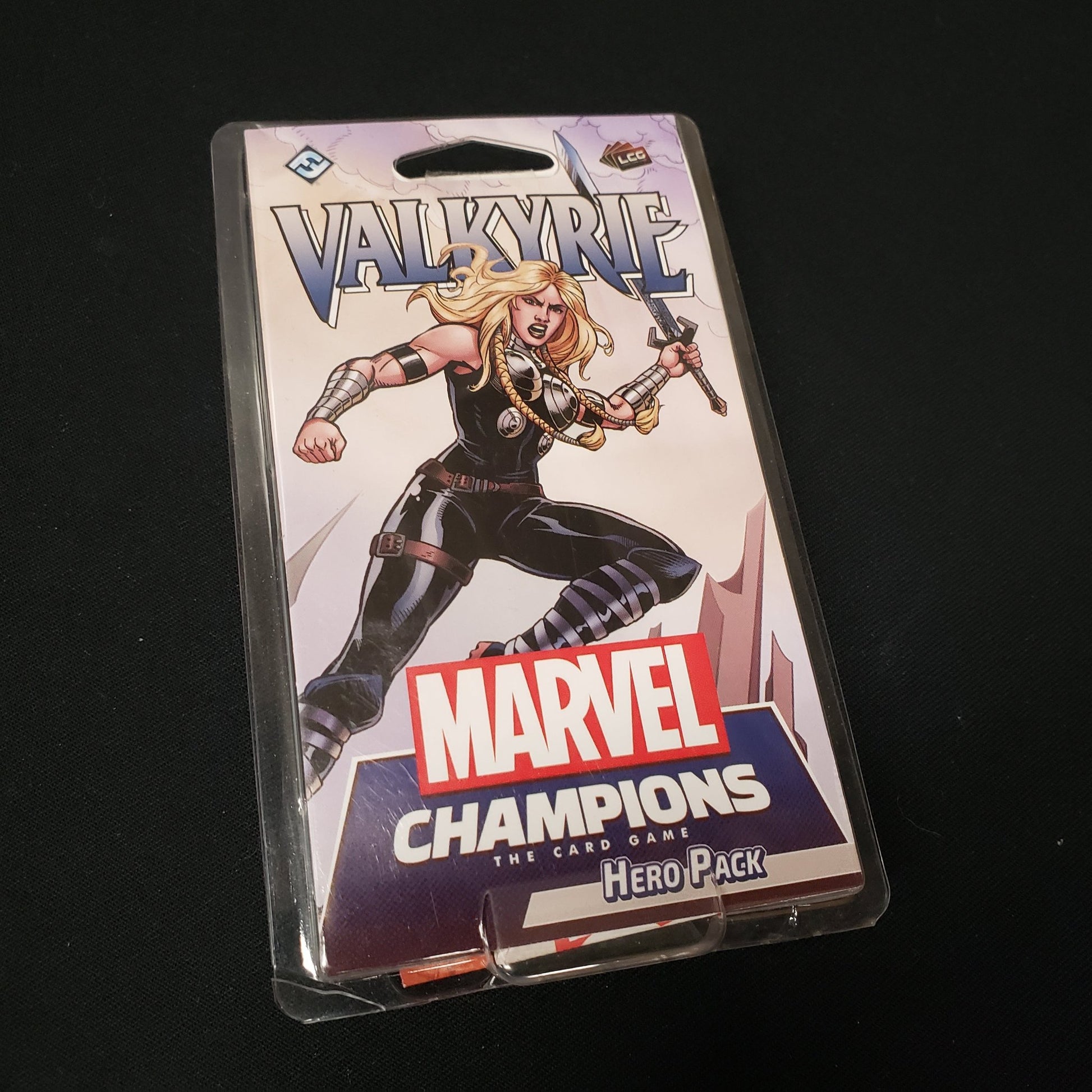 Image shows the front cover of the package of the Valkyrie Hero Pack from the marvel Champions Card Game