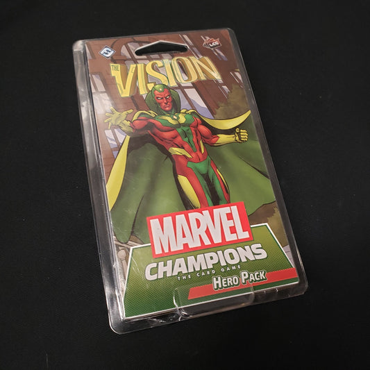 Image shows the front cover of the package of the Vision Hero Pack from the marvel Champions Card Game