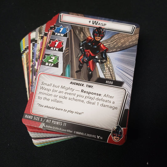 Image shows the cards fanned-out in a stack for the Wasp Hero Pack from the Marvel Champions card game