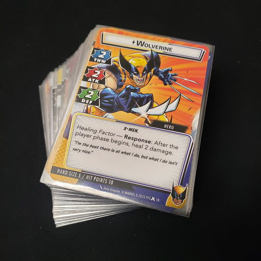 Image shows the cards fanned-out in a stack for the Wolverine Hero Pack from the Marvel Champions card game