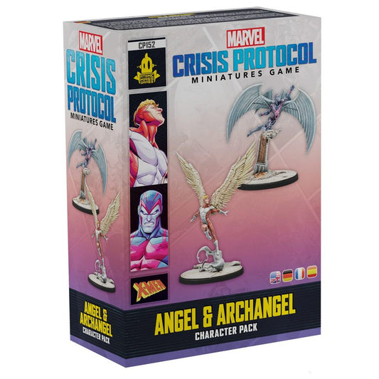 Image shows the front of the box of the Angel & Archangel character pack for the Marvel Crisis Protocol miniatures game