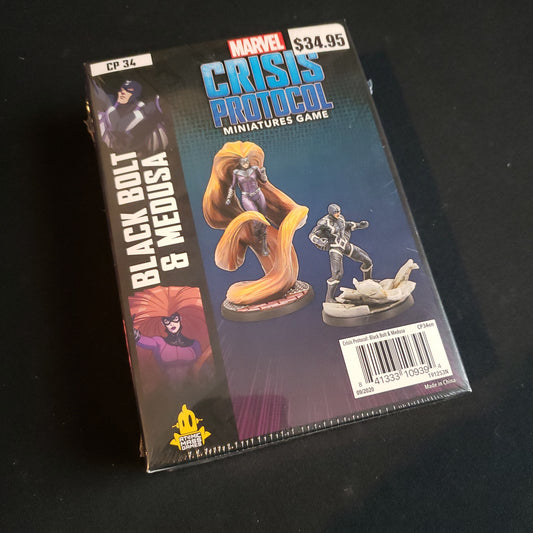 Image shows the front of the package for the Black Bolt & Medusa  character pack for the Marvel Crisis Protocol miniatures game