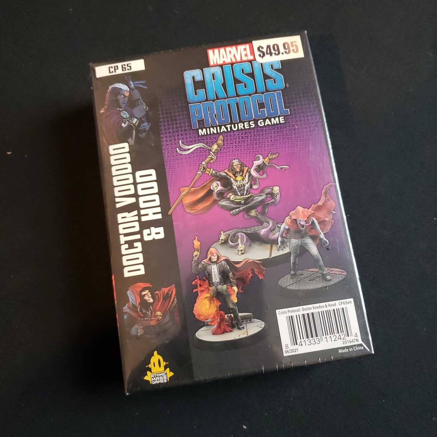 Image shows the front of the package for the Doctor Voodoo & The Hood character pack for the Marvel Crisis Protocol miniatures game